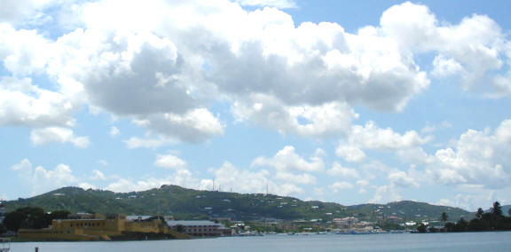 A view of Christiansted Harbor from outside the harbor.