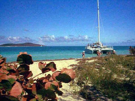Catamaran anchored at Coakley Bay Beach on St. Croix.
