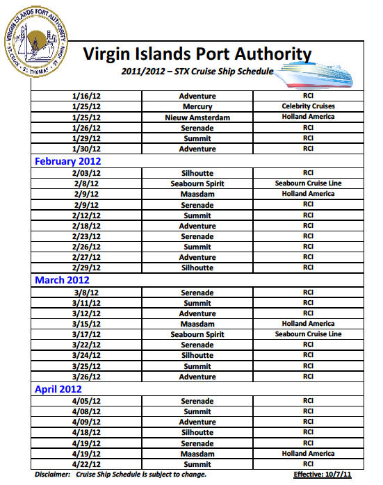 2012 St Croix Cruise Ship Schedule