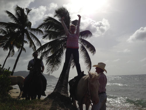Girl standing on the back of a horse.