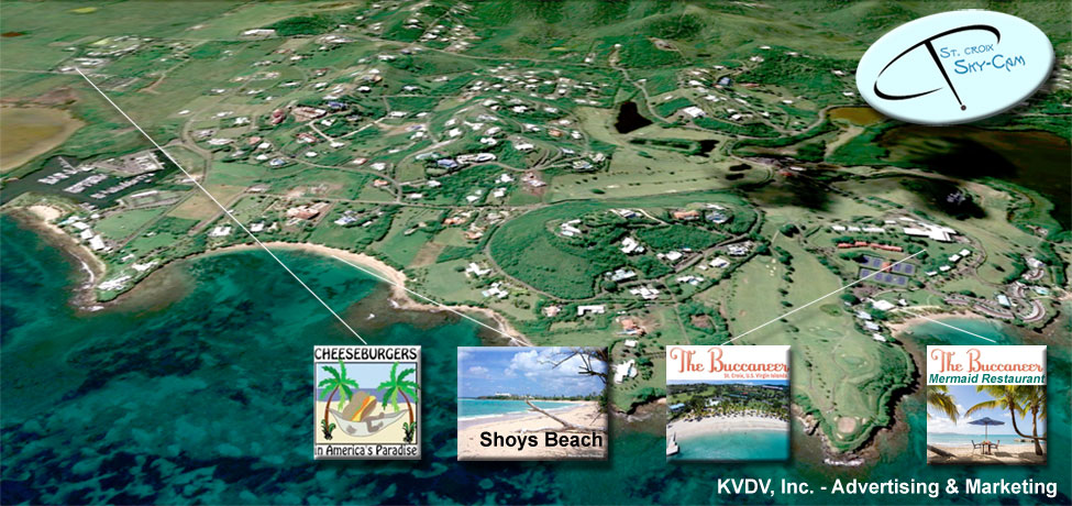 Aerial view of Shoys, Green Cay Marina and Bucanneer Hotel