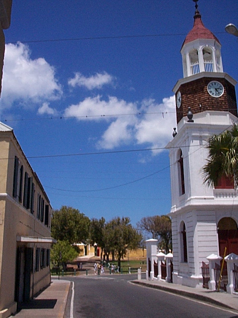 The Steeple Building in Christiansted with Fort Christiansvaern in the background.