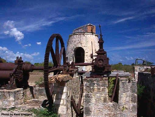 An old sugarmill tower and machinery at the Whim Plantation and Museum on St. Croix.